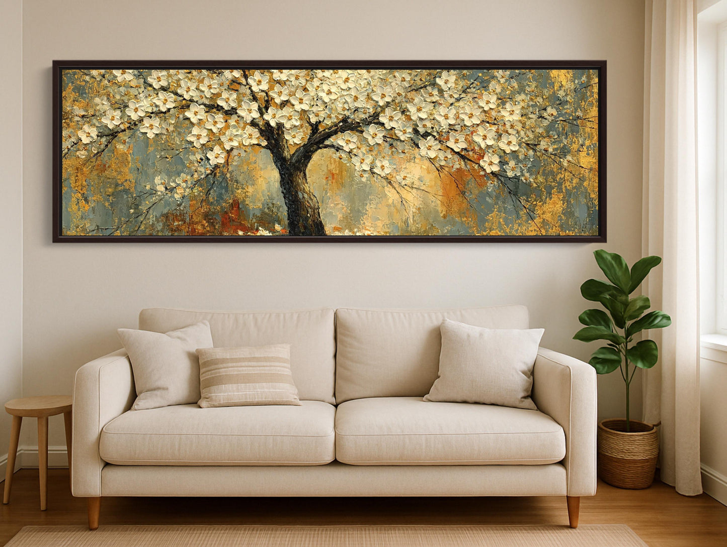 White Blossom Tree canvas wall art shown in a living room