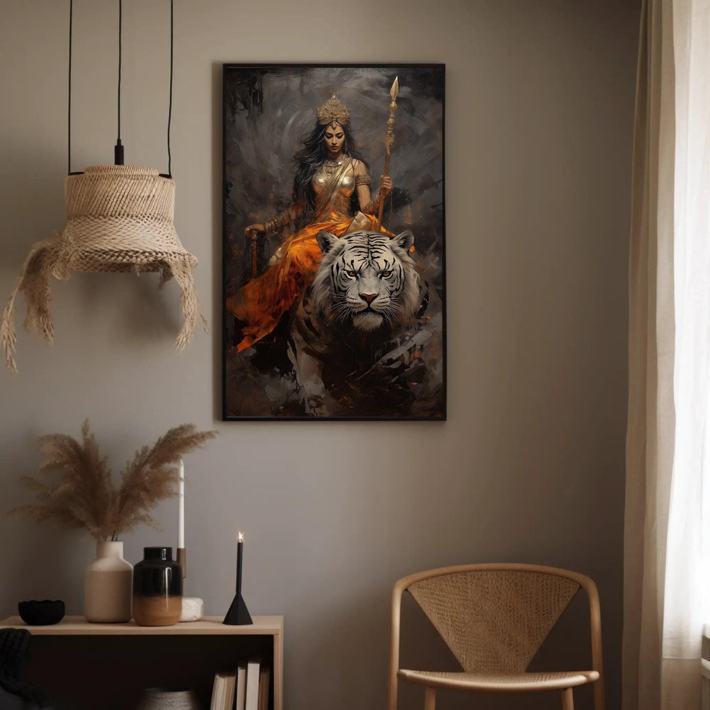 Goddess Durga , Hindu Warrior Mata canvas wall art shown in a styled room