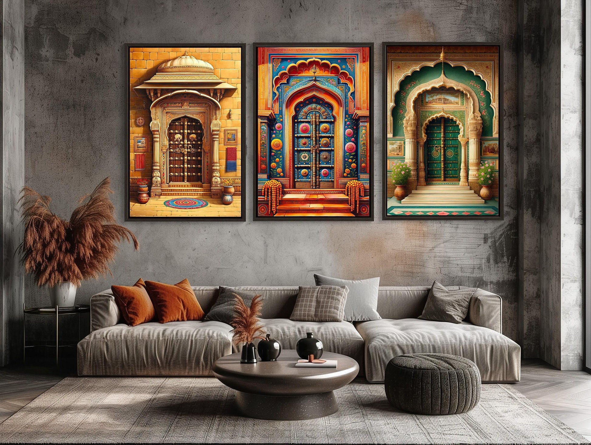 Rajasthani Door Canvas Print, Framed Set of Three Vibrant Indian Wall Art
