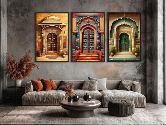 Rajasthani Door Canvas Print - Framed Set of Three Vibrant Indian Wall Art