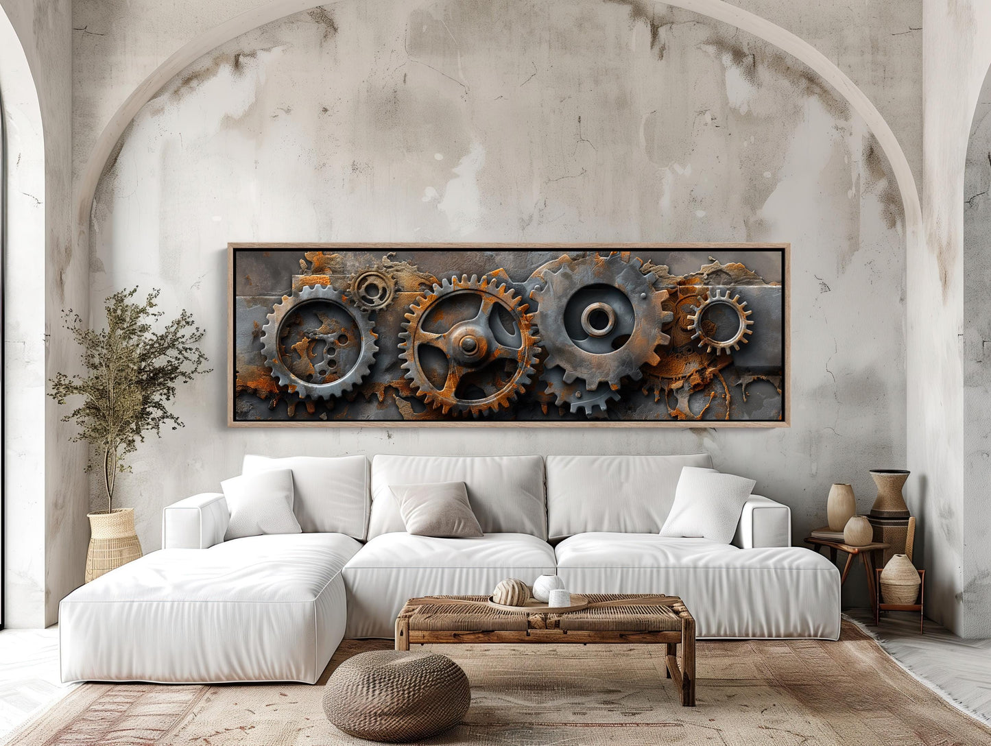 Metal Gears , Industrial Steampunk Panoramic canvas wall art shown in a living room (view 2)