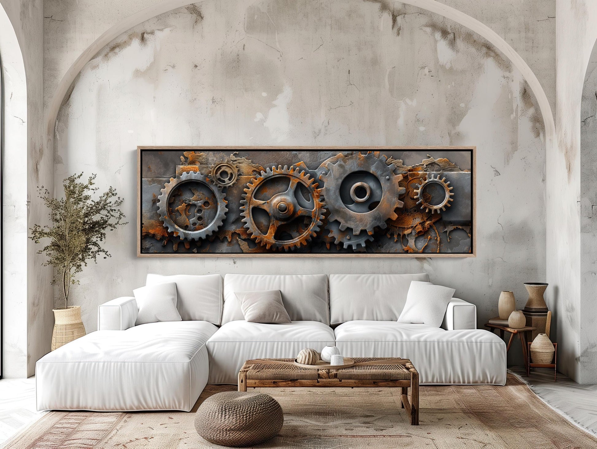 Metal Gears , Industrial Steampunk Panoramic canvas wall art shown in a living room (view 2)