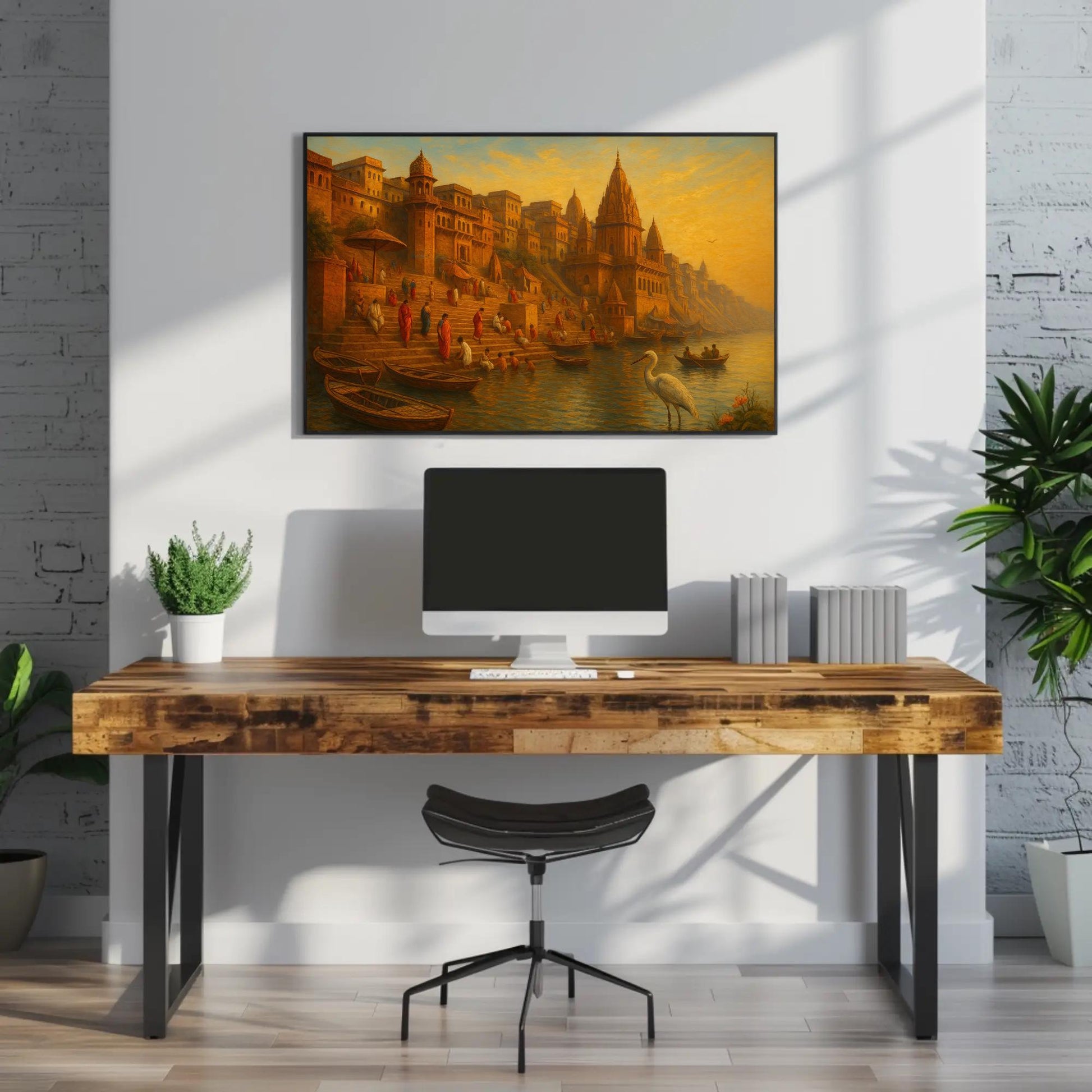 Varanasi Ghats Art canvas wall art shown above a desk