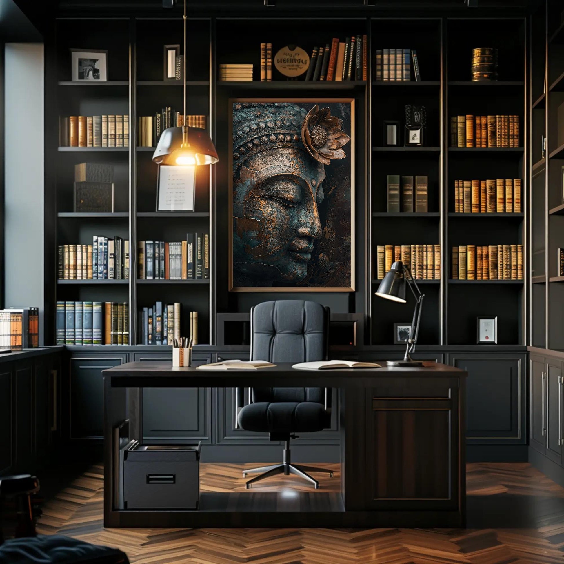 Zen Buddha canvas wall art shown above a desk