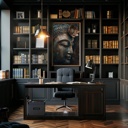 Zen Buddha canvas wall art shown above a desk
