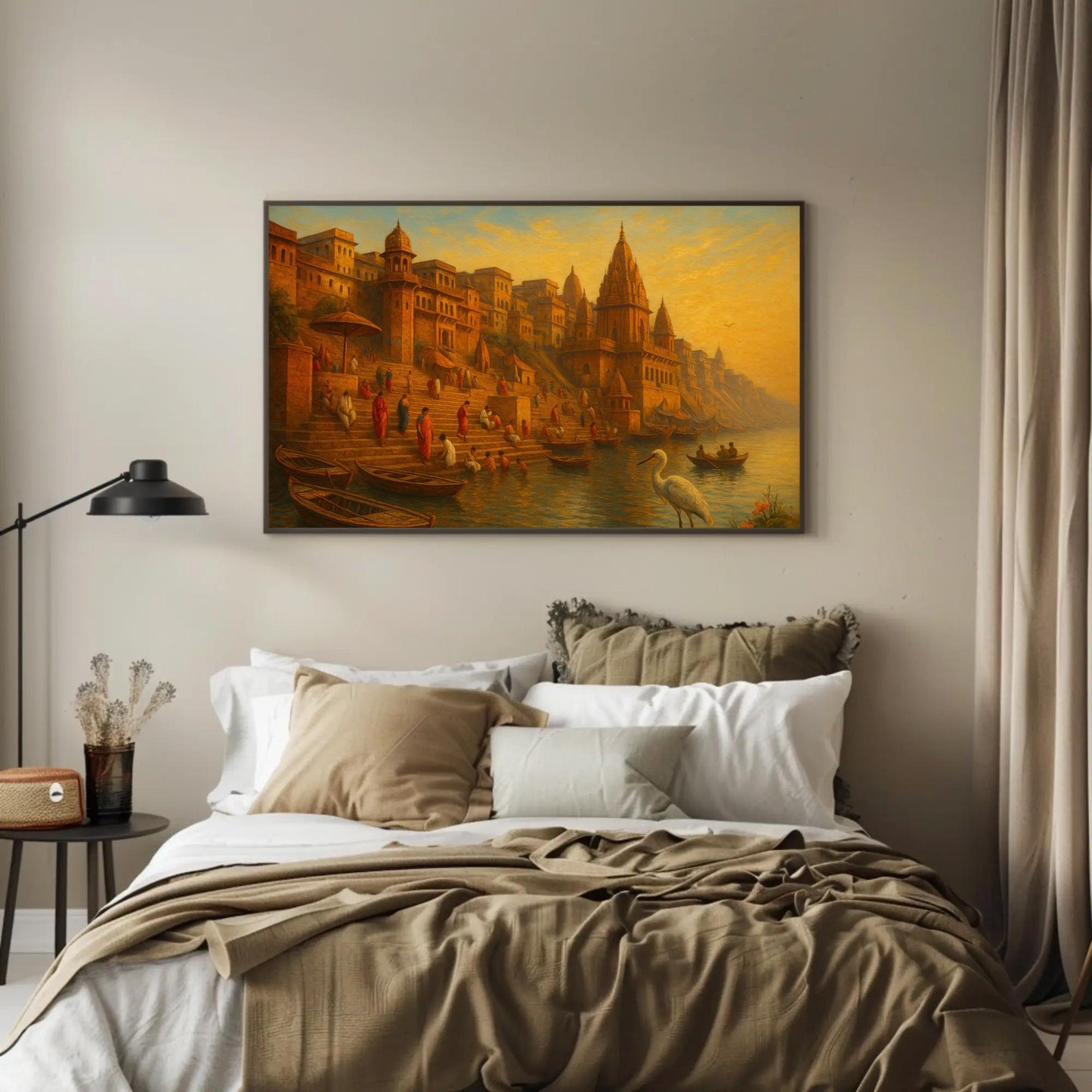 Varanasi Ghats Art canvas wall art shown in a bedroom (view 2)