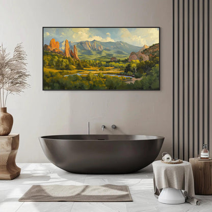 Garden of the Gods canvas wall art shown in a bathroom