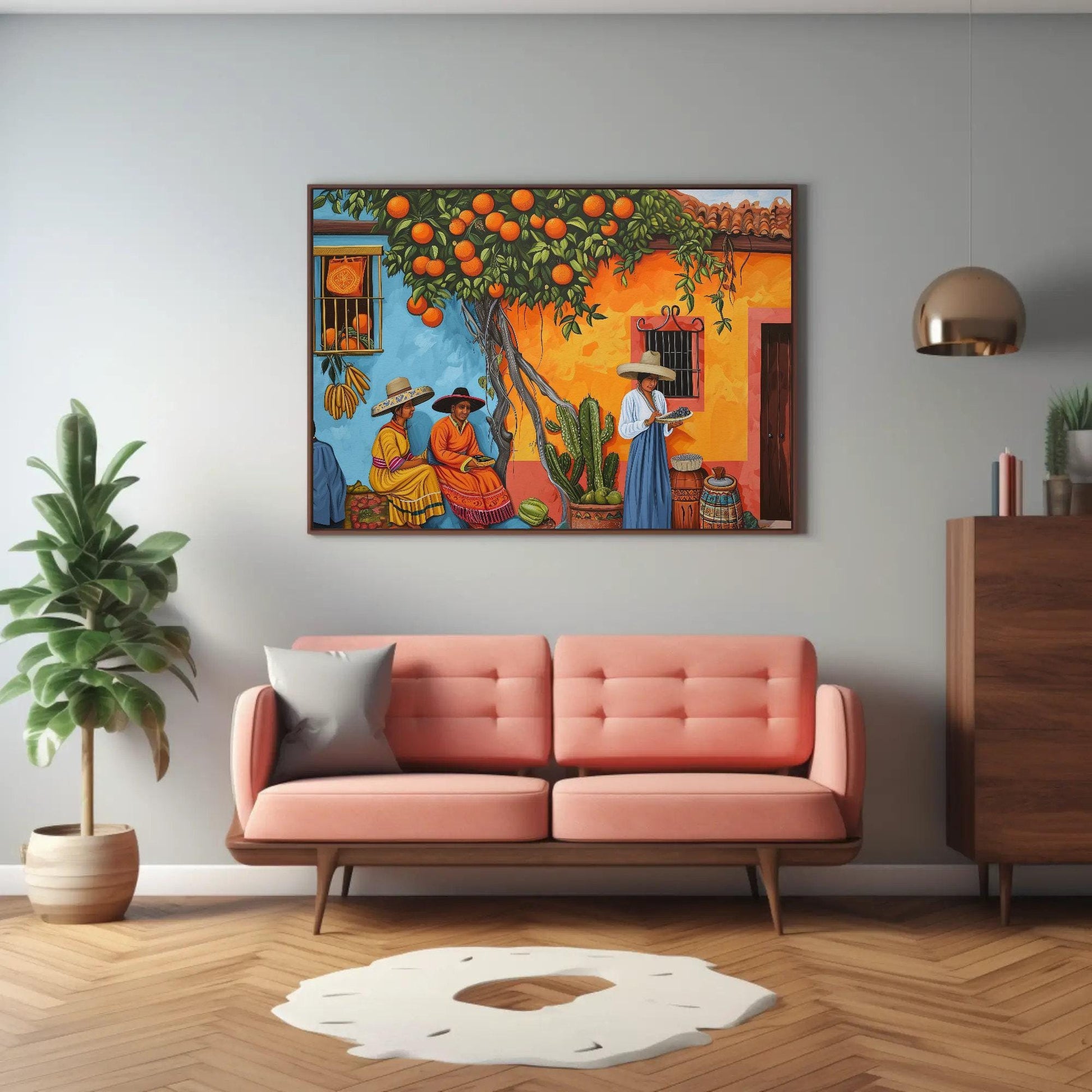 Traditional Mexican , Vibrant Folk canvas wall art shown in a living room