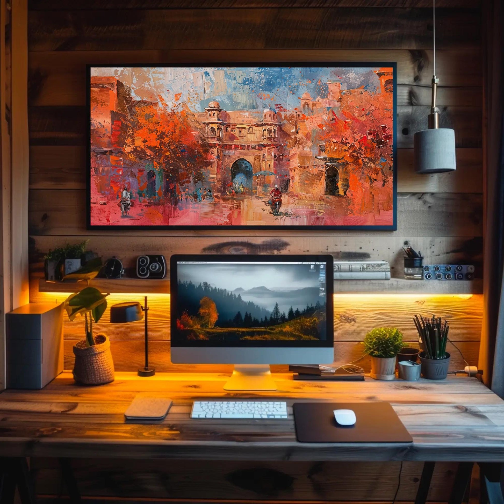 Jaipur Abstract Oil Painting canvas wall art shown above a desk