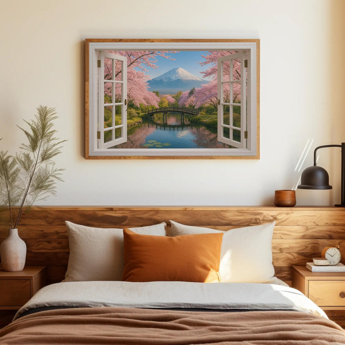 Mount Fuji window view canvas wall art, bedroom with a bed and a painting on the wall
