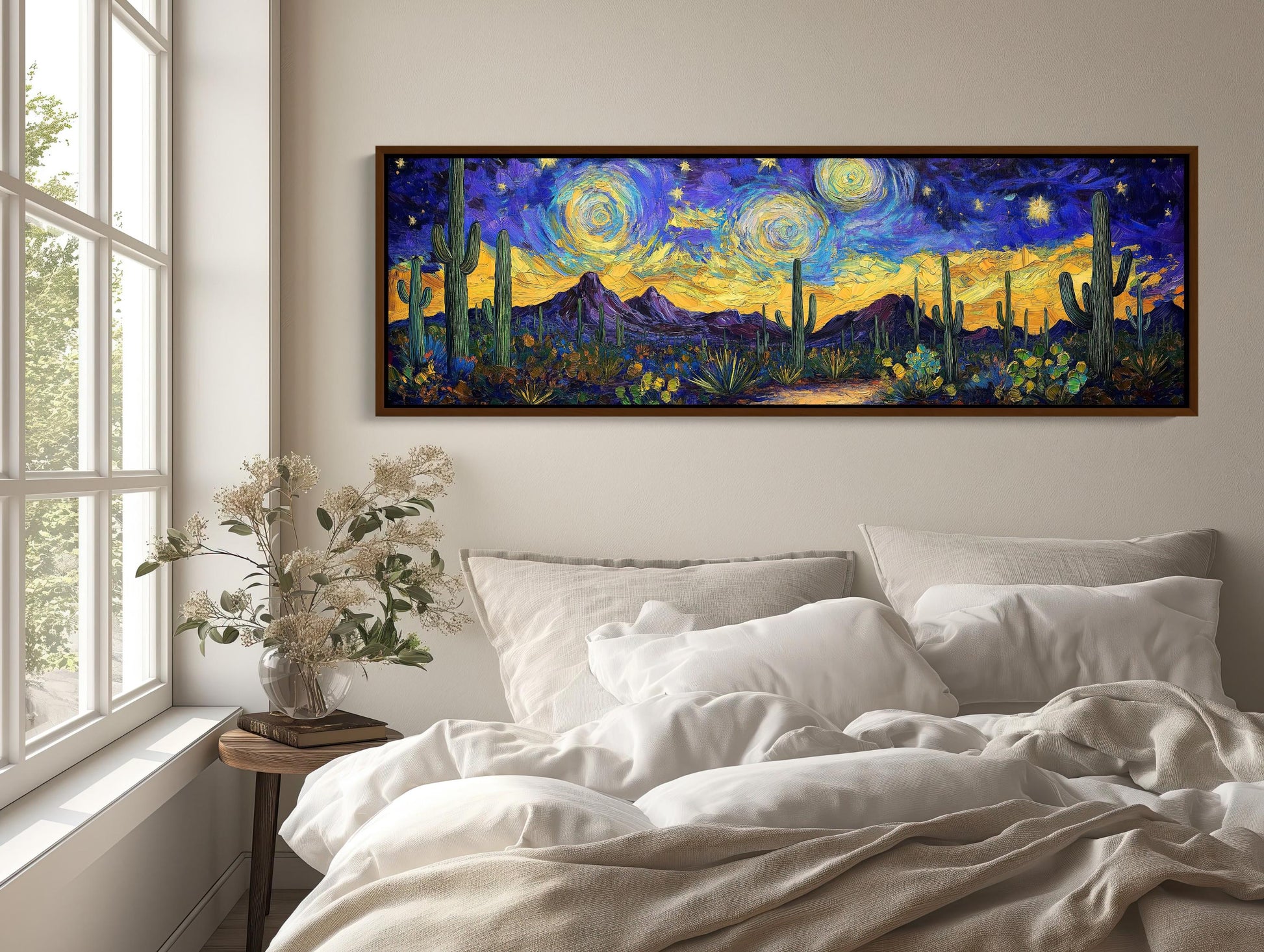 Sonoran Desert canvas wall art shown above a bed