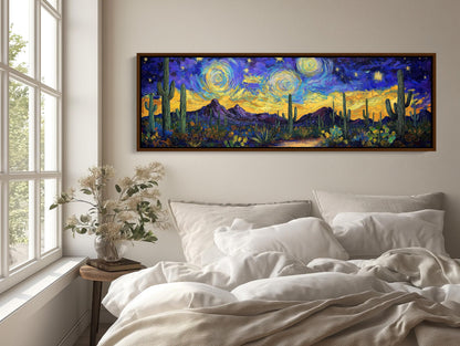 Sonoran Desert canvas wall art shown above a bed