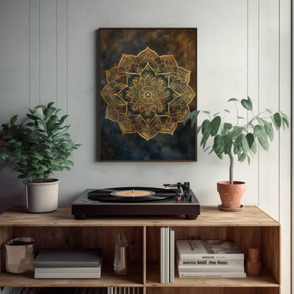 Gold Mandala canvas wall art shown in a styled room (view 2)