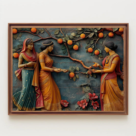 Indian Women Canvas Art – Traditional Dresses Orange Tree Painting | Vibrant Indian Art Decor