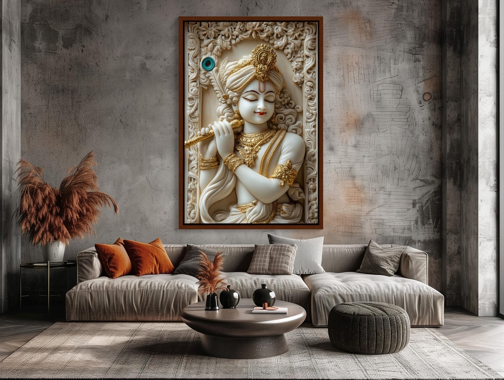 Krishna 3D Illusion canvas wall art shown in a living room (view 2)