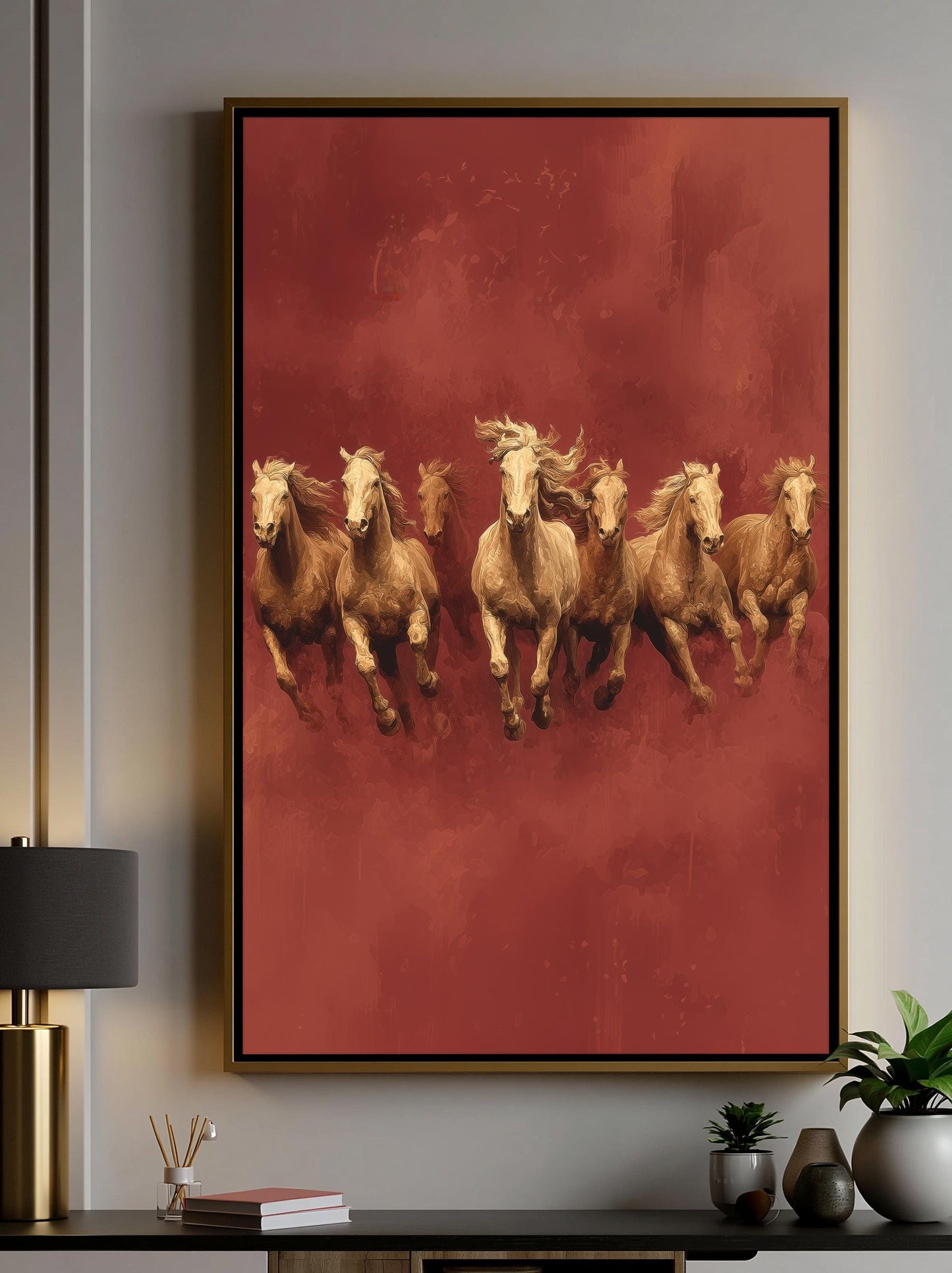 a group of six horses galloping across a red background.