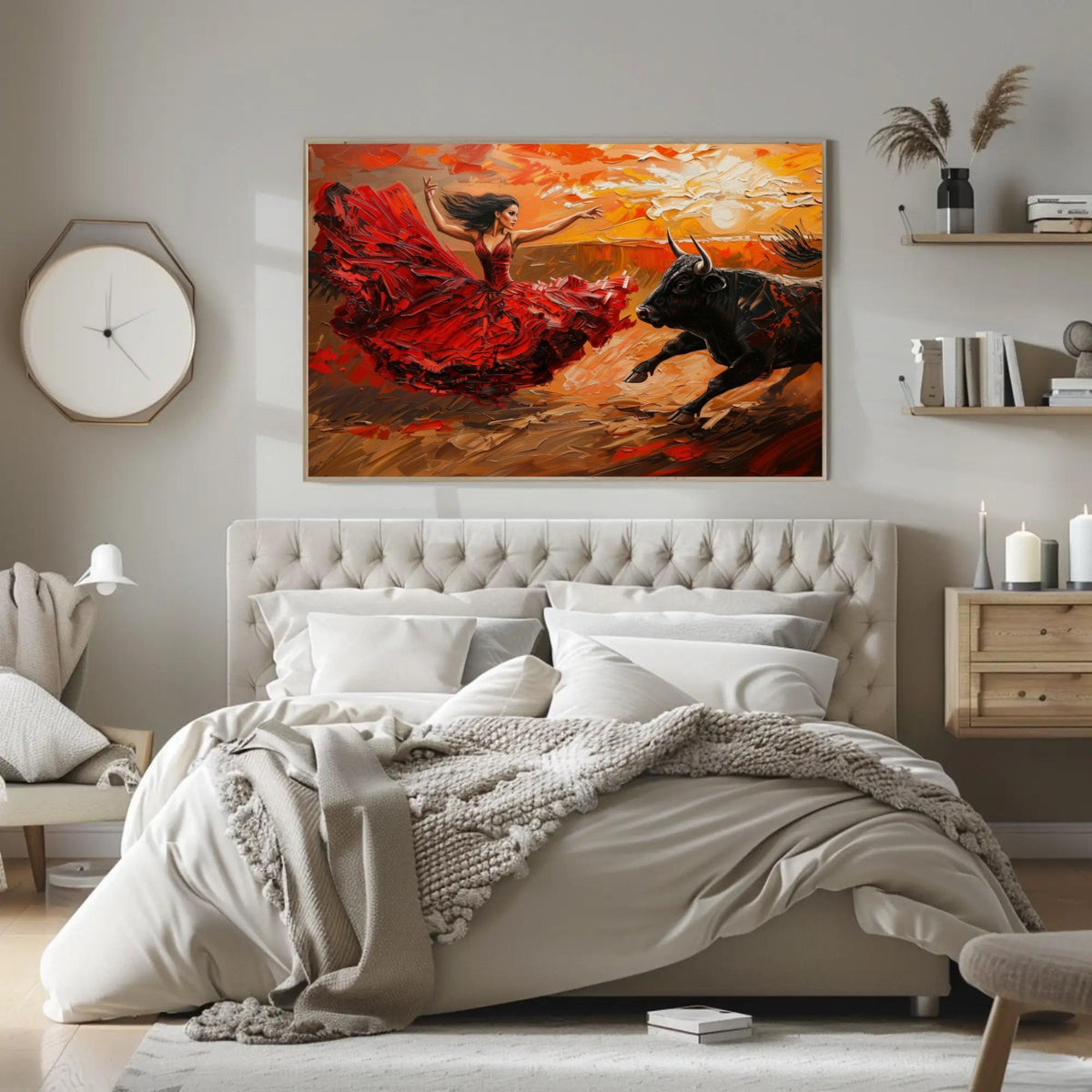 Flamenco dancer and bull canvas wall art in a room setting