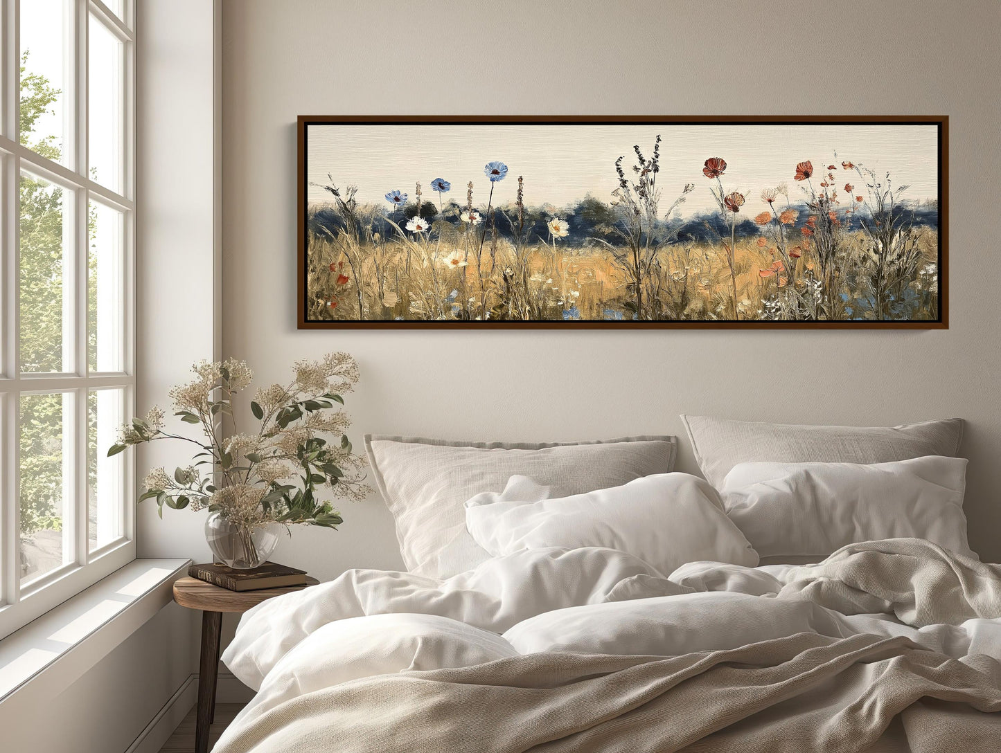 Retro Wildflowers , 70s Boho Floral canvas wall art shown in a bedroom