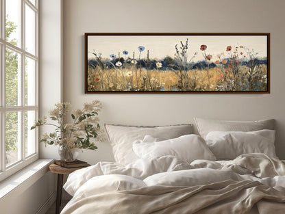 Retro Wildflowers , 70s Boho Floral canvas wall art shown in a bedroom