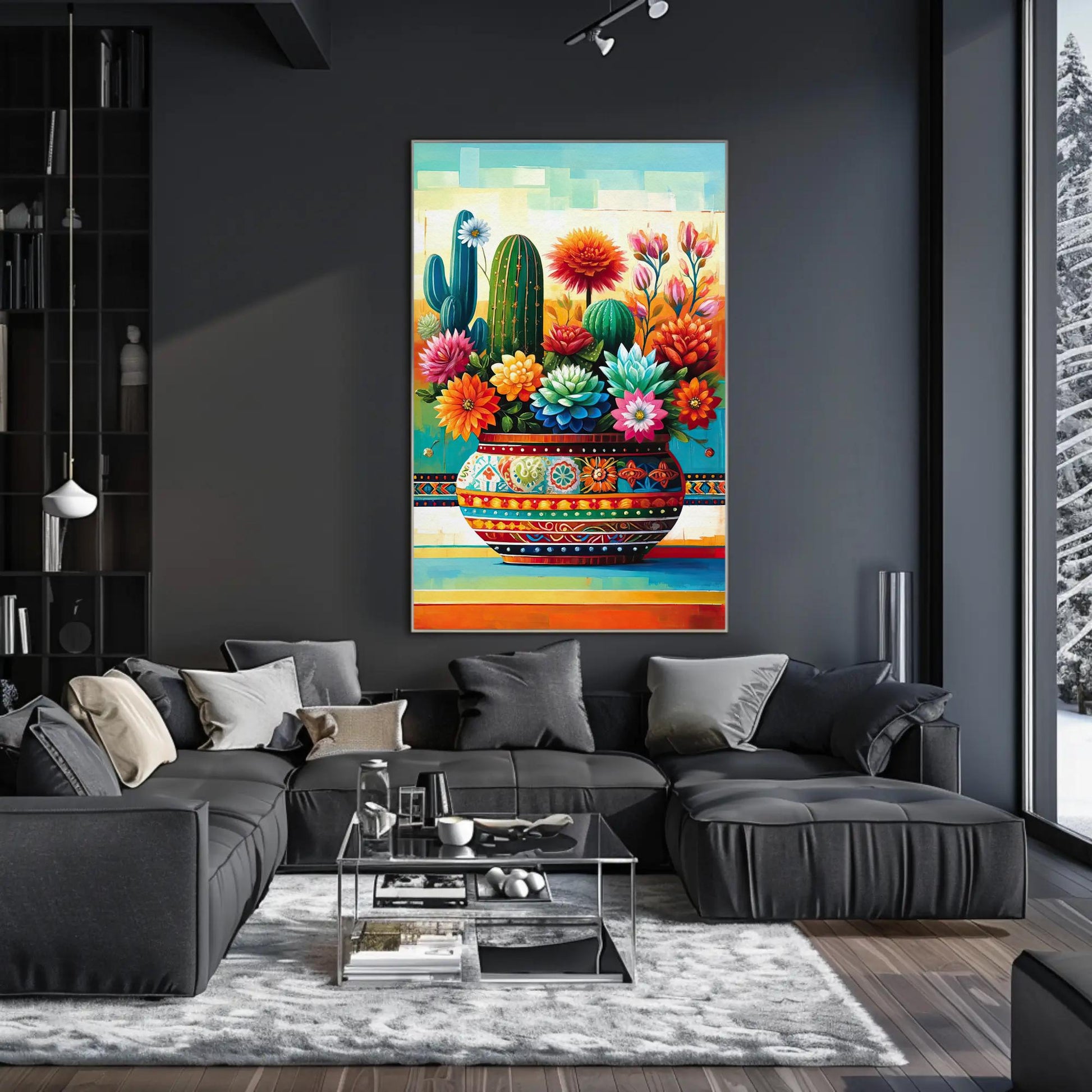 Mexican Floral Cactus , Vibrant Fiesta canvas wall art shown in a living room