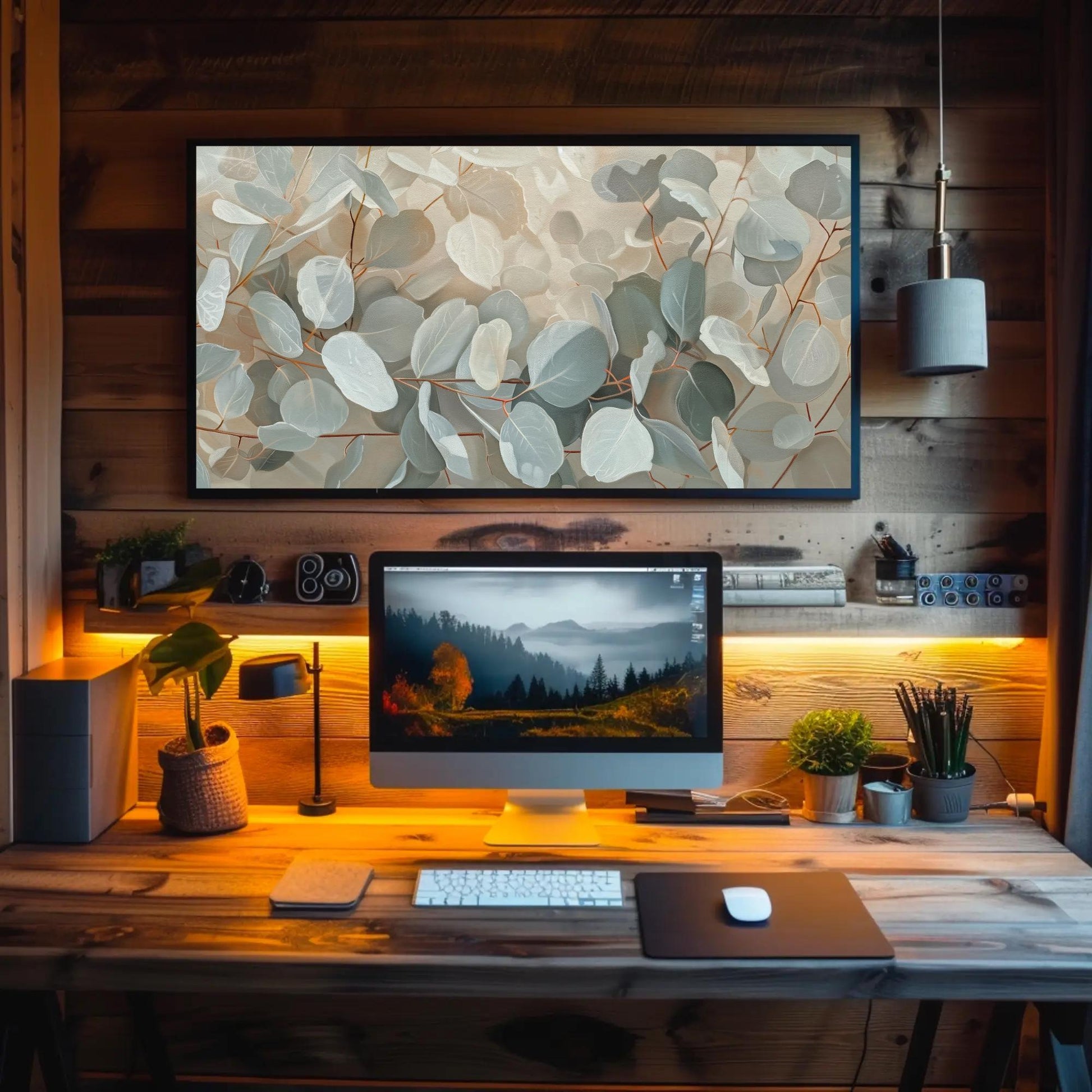 Eucalyptus Leaves Oil Painting canvas wall art shown above a desk (view 2)