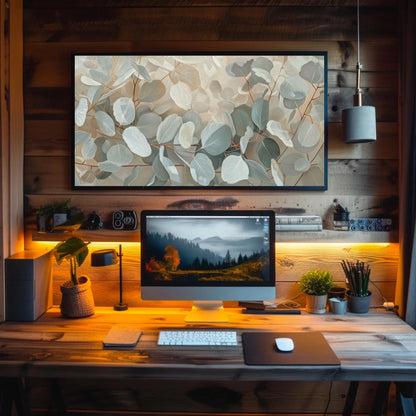 Eucalyptus Leaves Oil Painting canvas wall art shown above a desk (view 2)