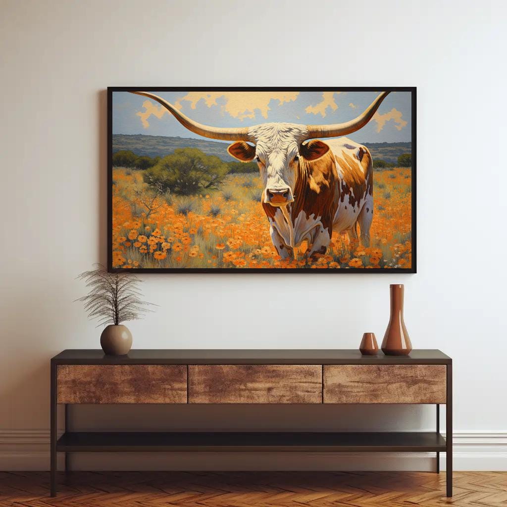 Texas Longhorn , Rustic Farmhouse canvas print, premium giclée wall art