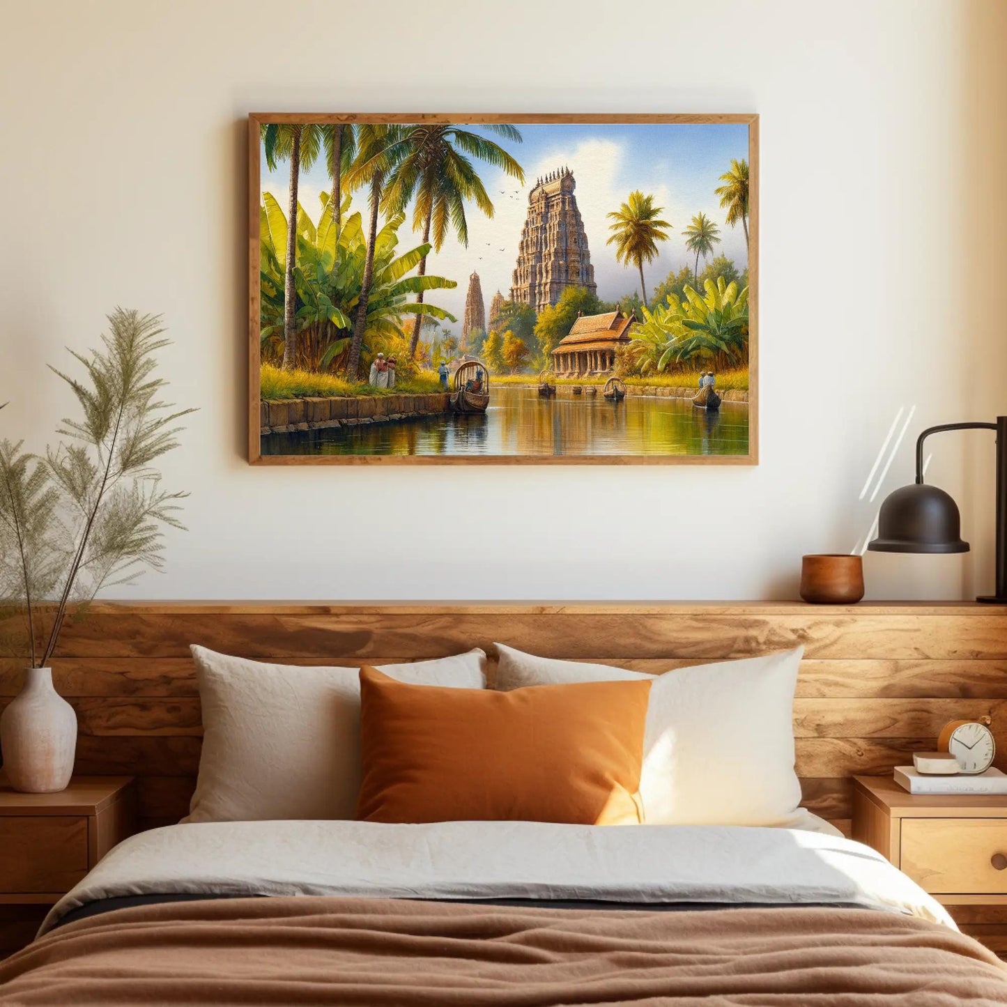 South India Backwaters , Kerala Temple canvas wall art shown above a bed