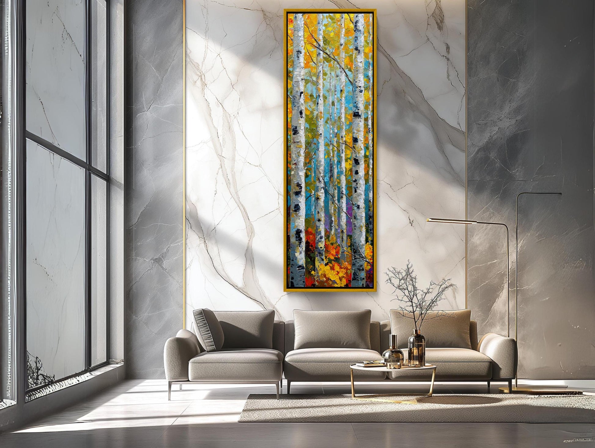 Birch Tree canvas wall art shown in a living room