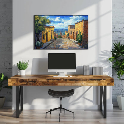 Mexican Village canvas wall art shown above a desk
