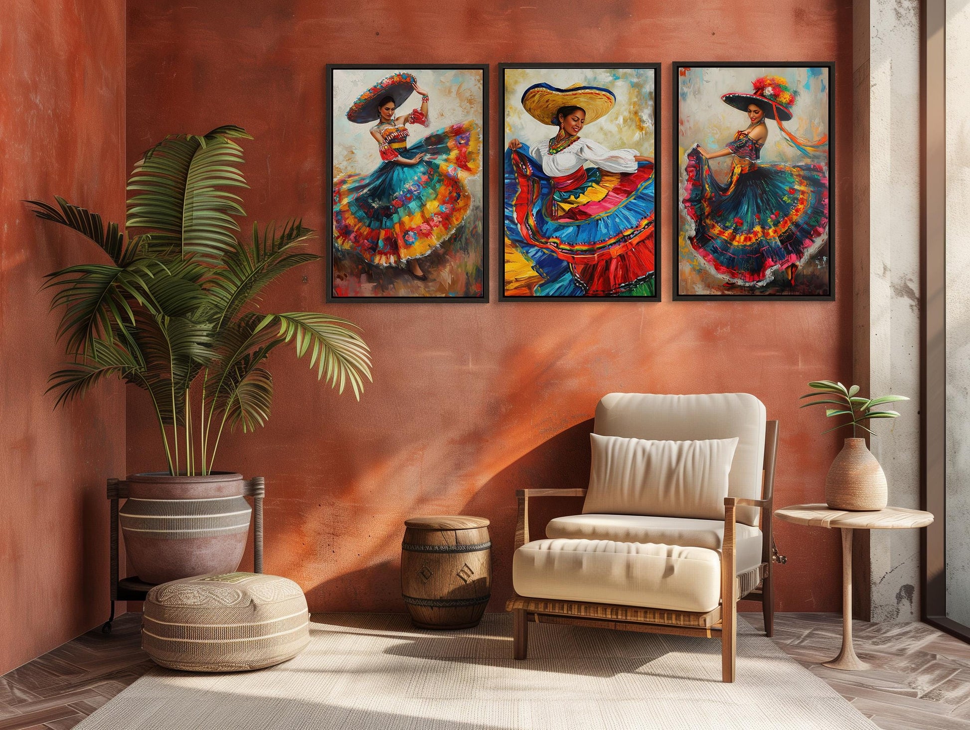 Mexican Folk Dance canvas wall art shown in a living room (view 2)