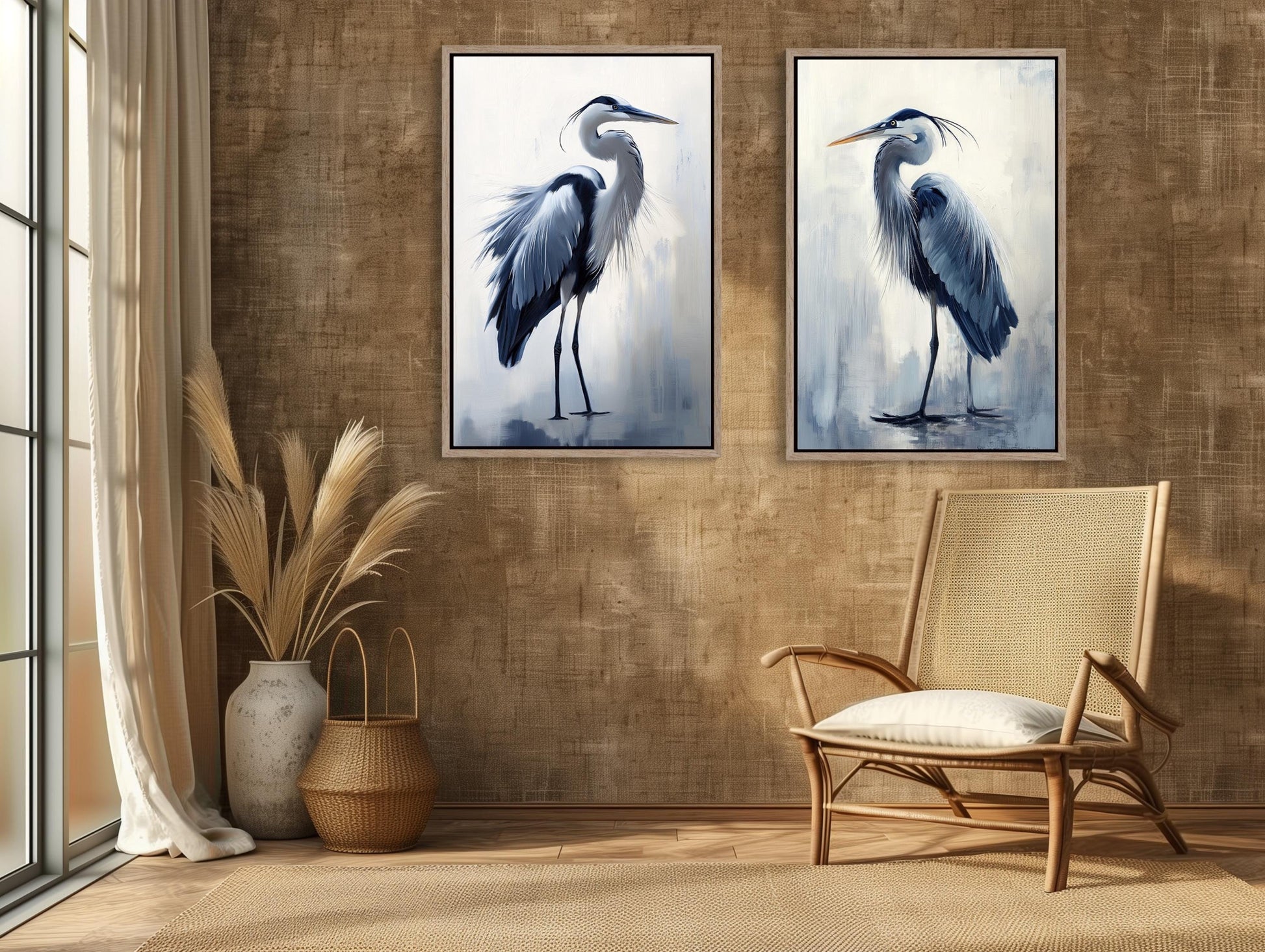 Blue Heron Set of 2 , Coastal Bird art deco canvas wall art for the home
