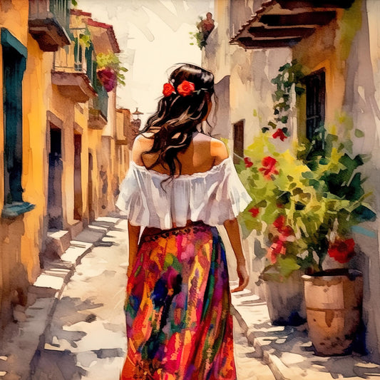 Mexican Woman Watercolor Canvas Print, Latina Portrait Art