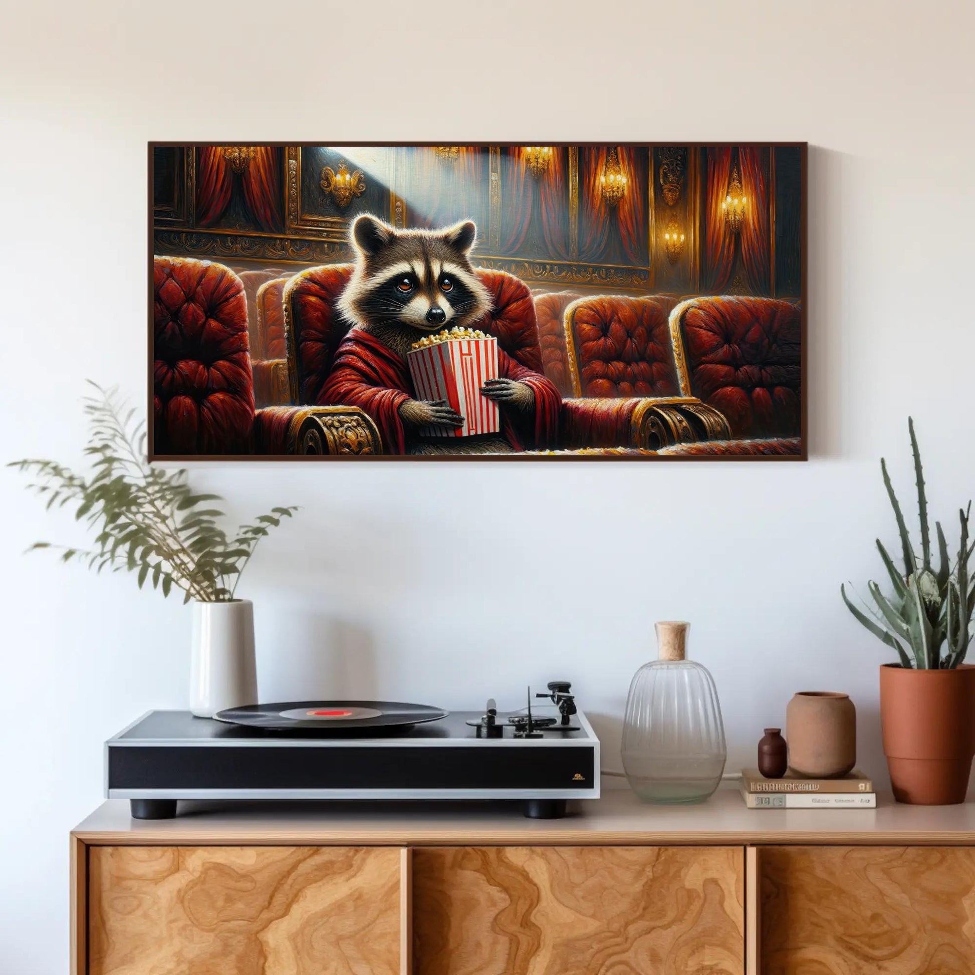 Raccoon canvas wall art shown above a sofa (view 2)