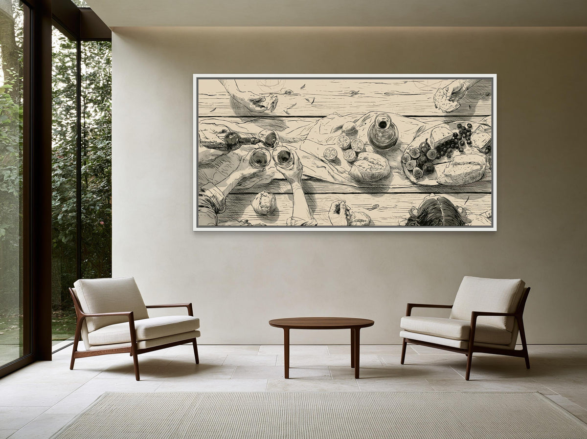Dinner party table sketch canvas wall art, large black and white illustration of a table with various objects on it, such as