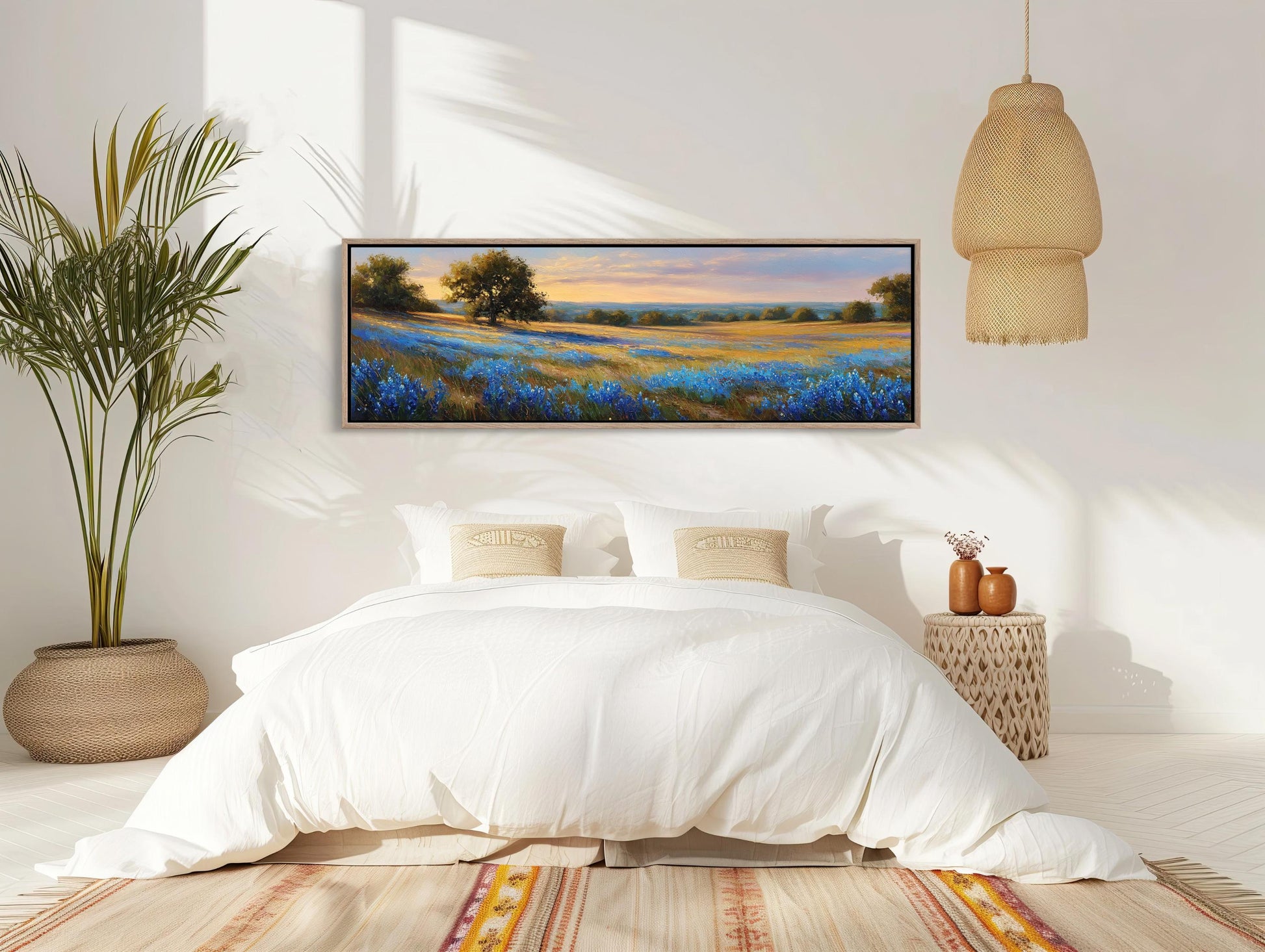 Texas Bluebonnet , Panoramic Sunset canvas wall art shown in a bedroom (view 2)