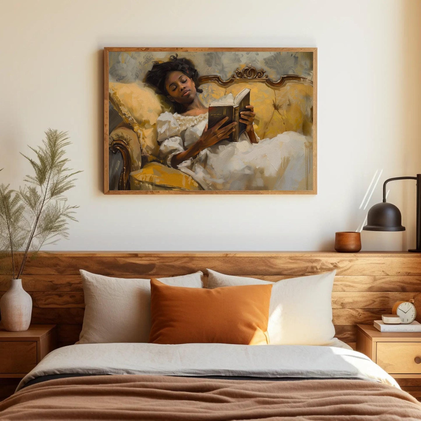 Vintage canvas wall art shown in a styled room