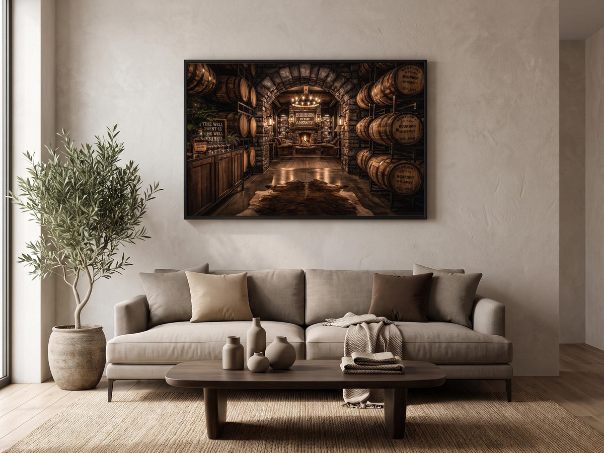 a cozy living room with a large window, a comfortable sofa, and a wooden coffee table. Above the sofa, there is a framed picture of a wine cellar with numerous wine barrels lining the walls.