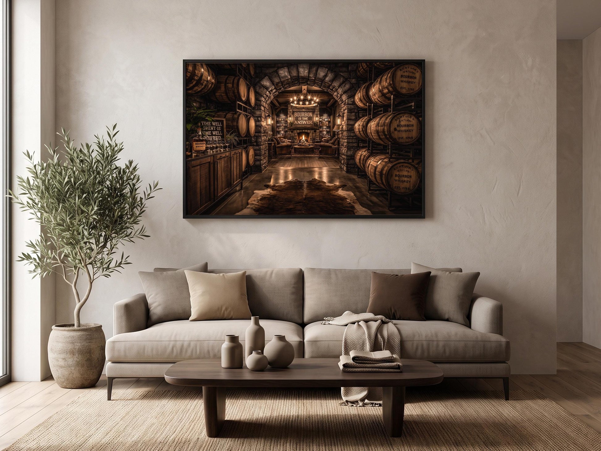 a cozy living room with a large window, a comfortable sofa, and a wooden coffee table. Above the sofa, there is a framed picture of a wine cellar with numerous wine barrels lining the walls.