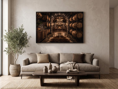 a cozy living room with a large window, a comfortable sofa, and a wooden coffee table. Above the sofa, there is a framed picture of a wine cellar with numerous wine barrels lining the walls.