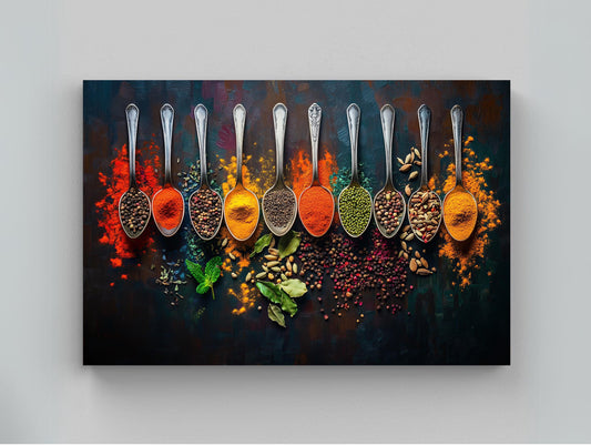 a group of spoons filled with different types of spices
