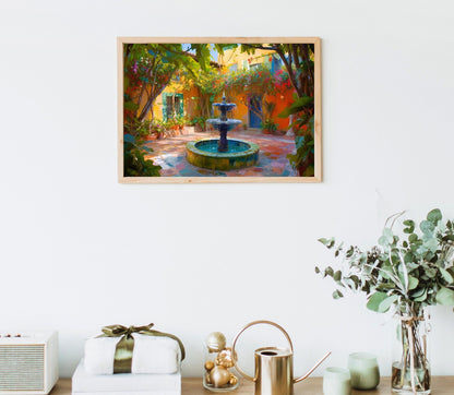 Mexican Garden Canvas Print, Latino Courtyard Fountain Art