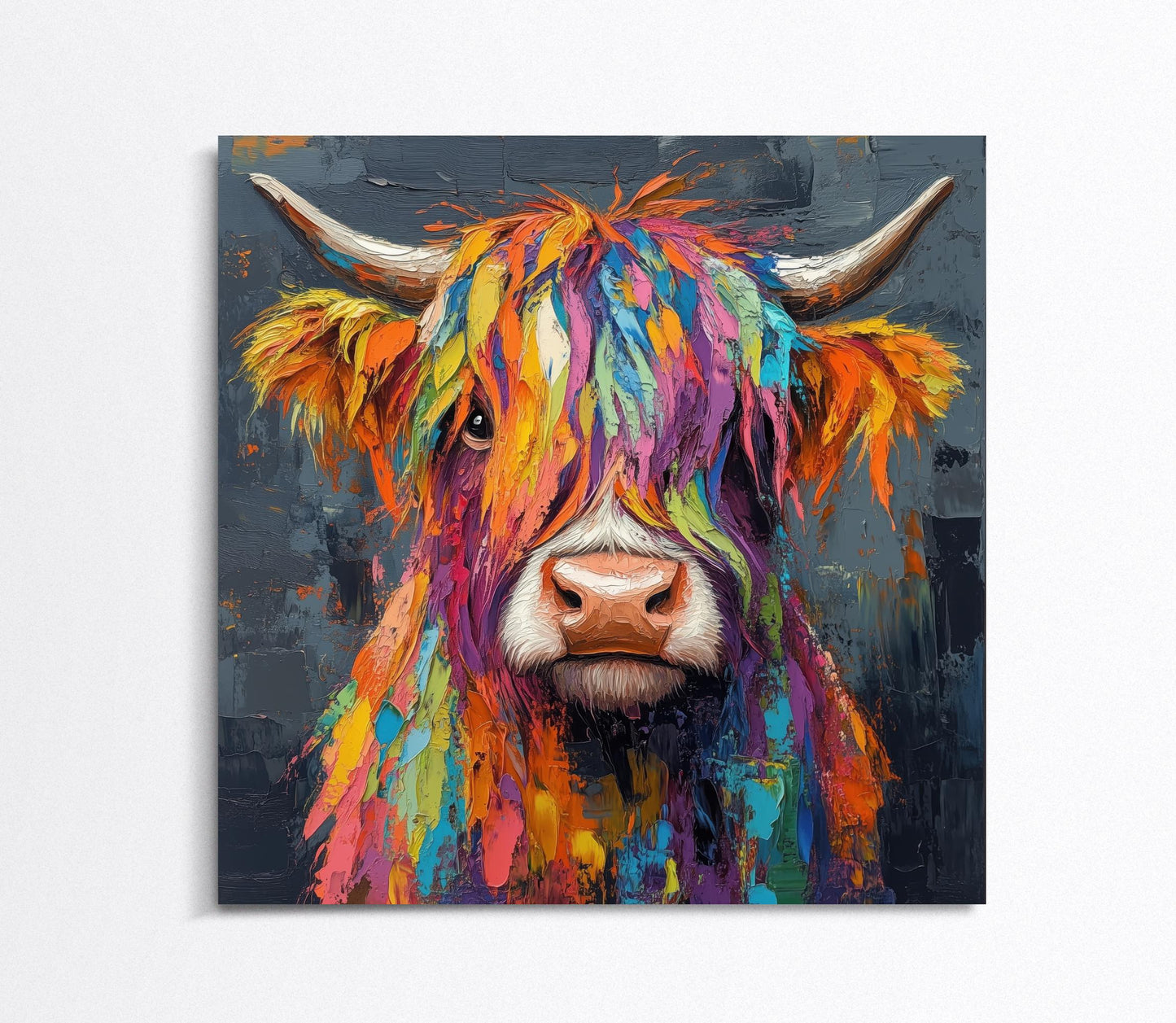Colorful Highland Cow , Modern Farmhouse canvas wall art shown in a styled room