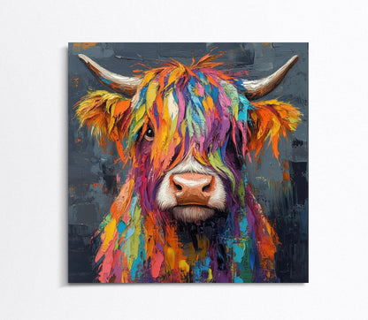 Colorful Highland Cow , Modern Farmhouse canvas wall art shown in a styled room