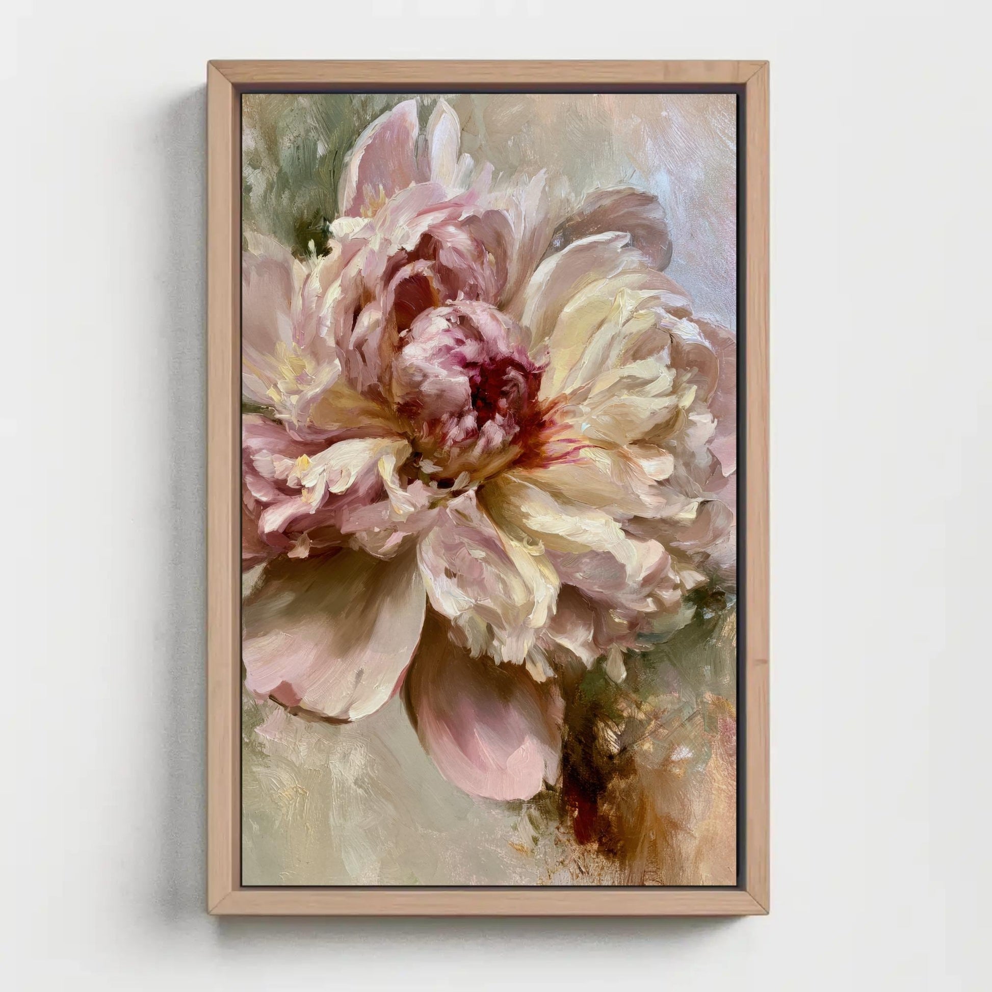 Blush Peony canvas wall art shown in a styled room