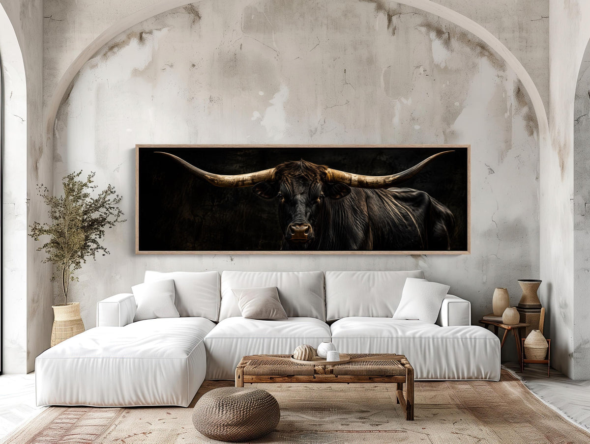 Texas longhorn panoramic canvas wall art, head-on steer with wide horns on a dark background