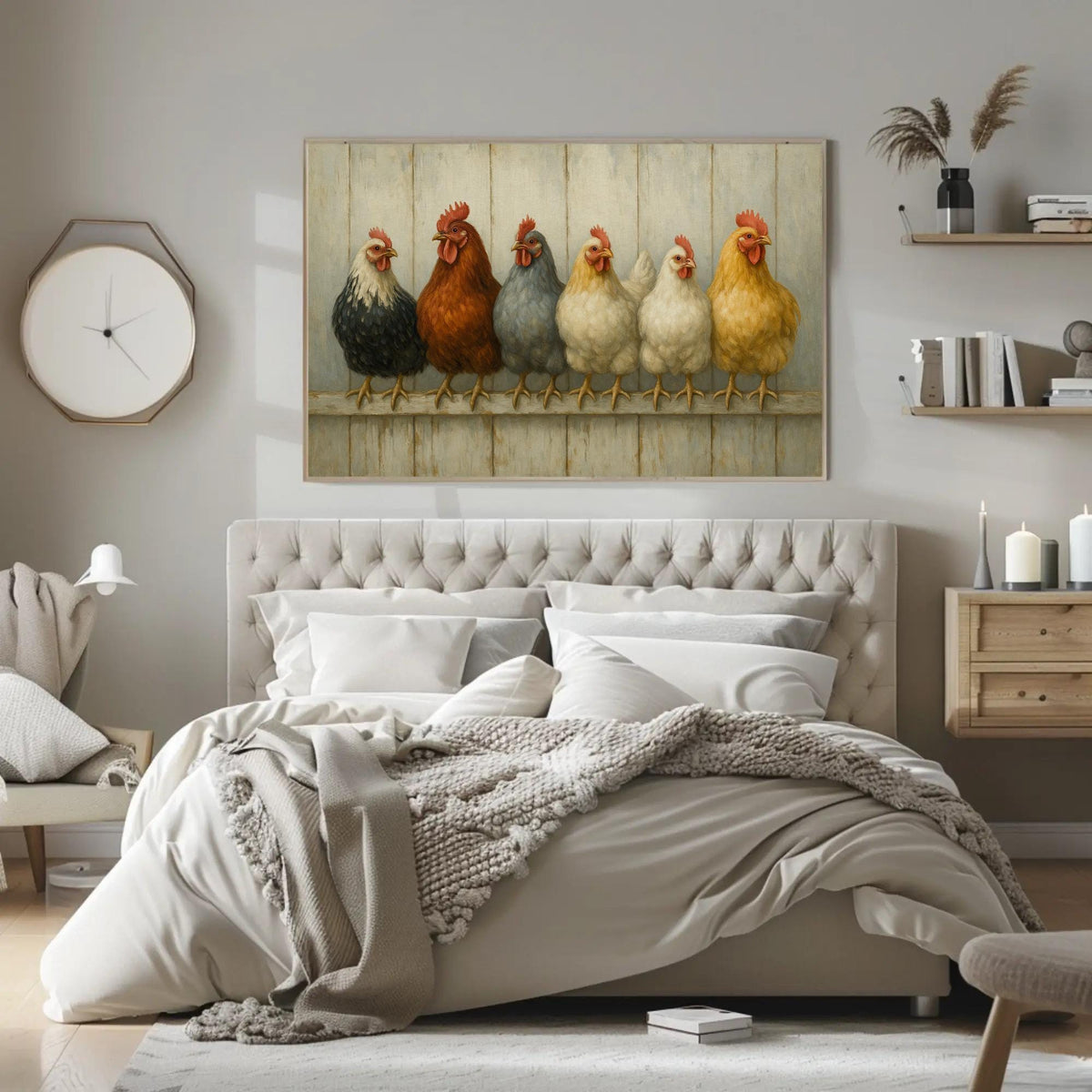 Six farmhouse hens canvas wall art in a room setting