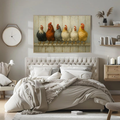 Six farmhouse hens canvas wall art in a room setting