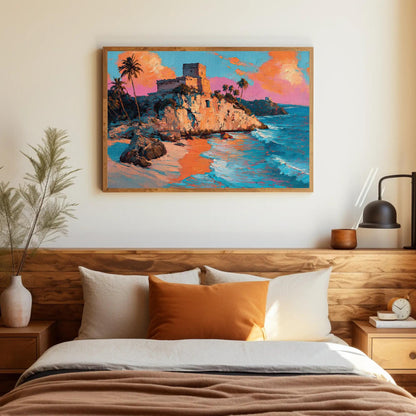 Tulum Ruins Oil Painting canvas wall art shown in a bedroom