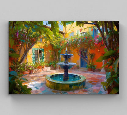 Mexican Garden Canvas Print, Latino Courtyard Fountain Art